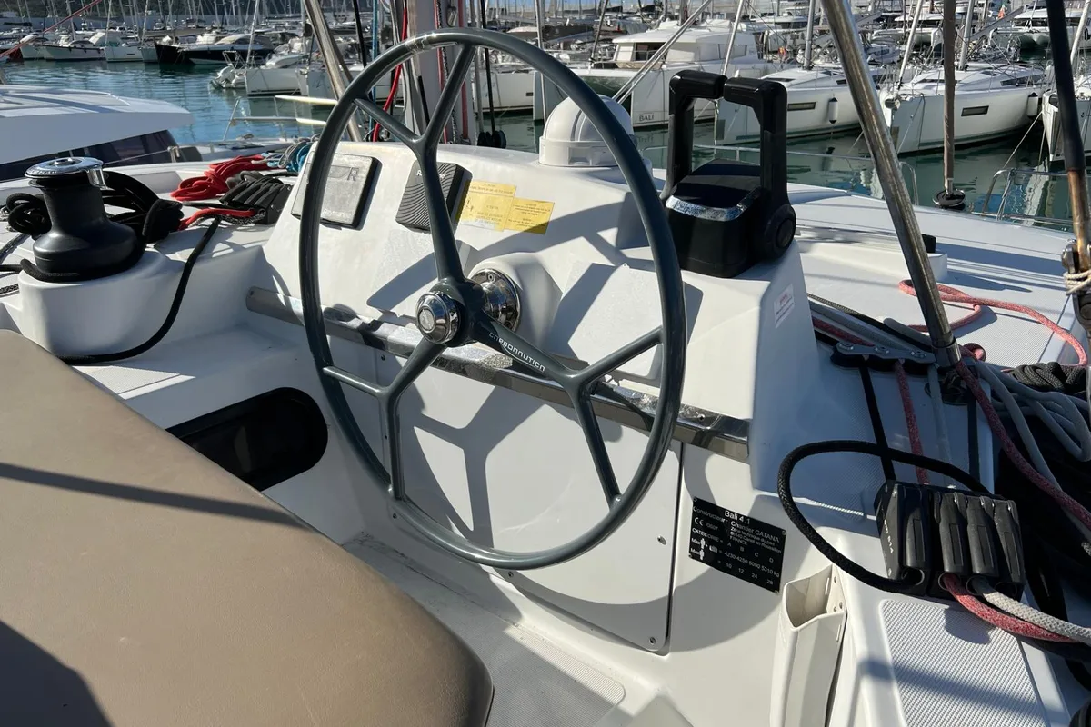Cockpit of Ginevra, a Bali 4.1 catamaran at Capo d'Orlando, Italy