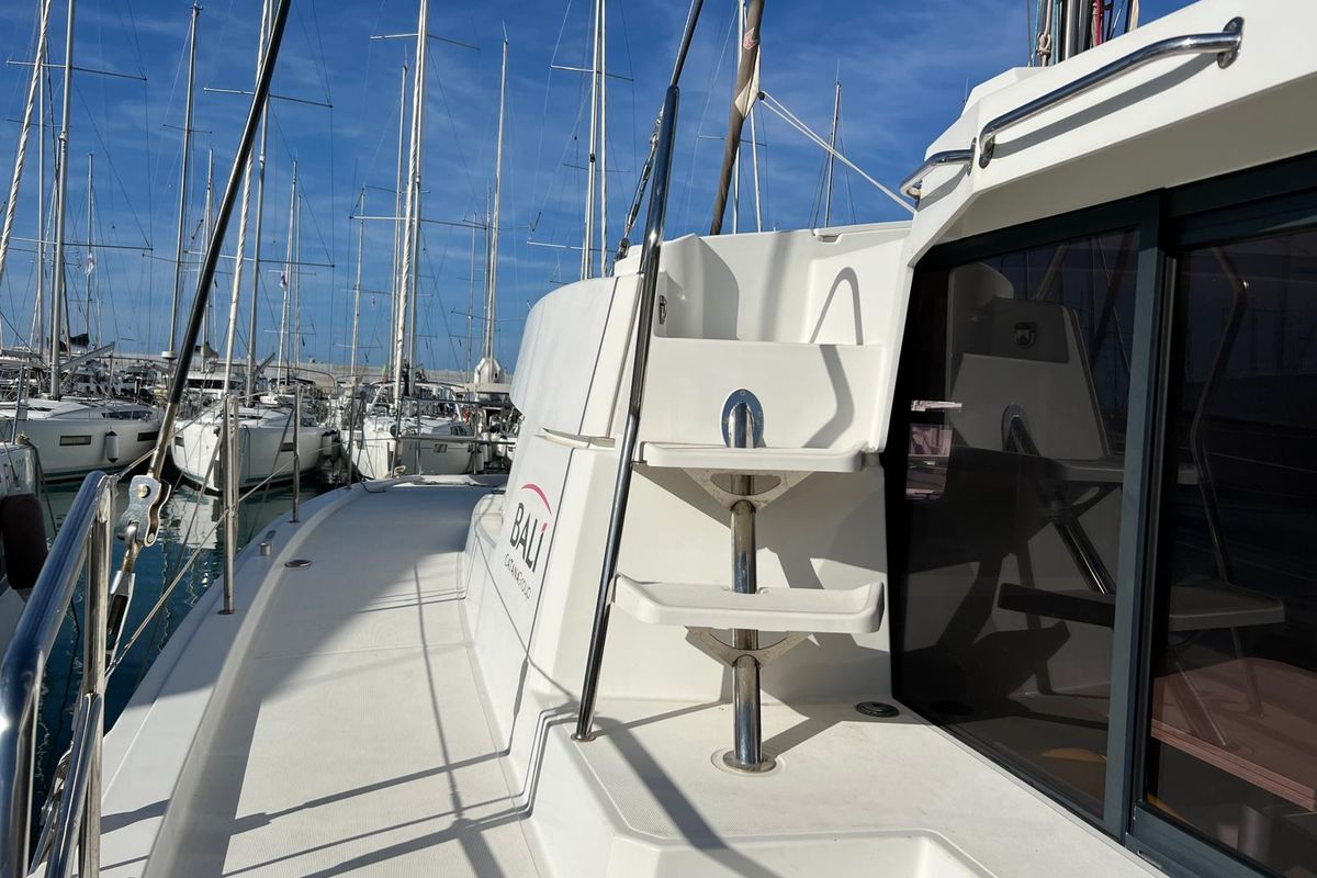 Deck of Ginevra, a Bali 4.1 catamaran at Capo d'Orlando, Italy