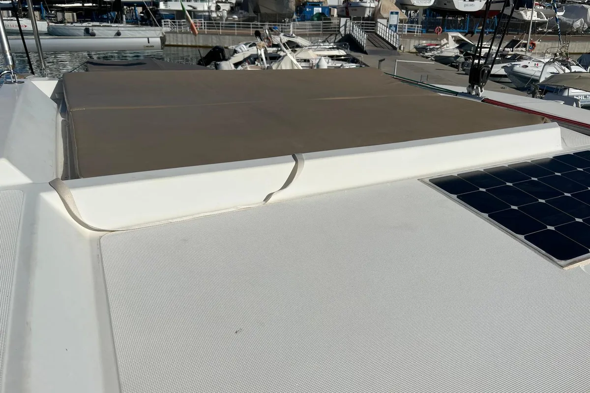 Deck of Ginevra, a Bali 4.1 catamaran at Capo d'Orlando, Italy