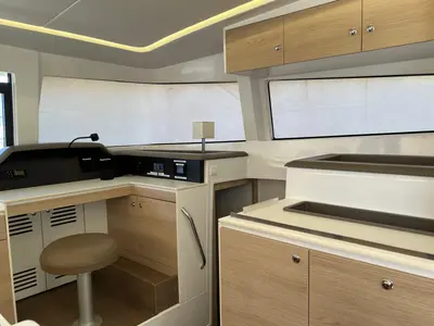 Cockpit of Ginevra, a Bali 4.1 catamaran at Capo d'Orlando, Italy