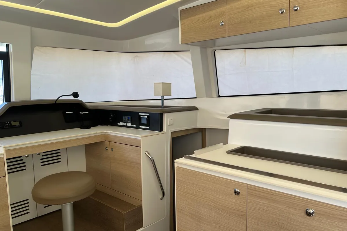 Cockpit of Ginevra, a Bali 4.1 catamaran at Capo d'Orlando, Italy
