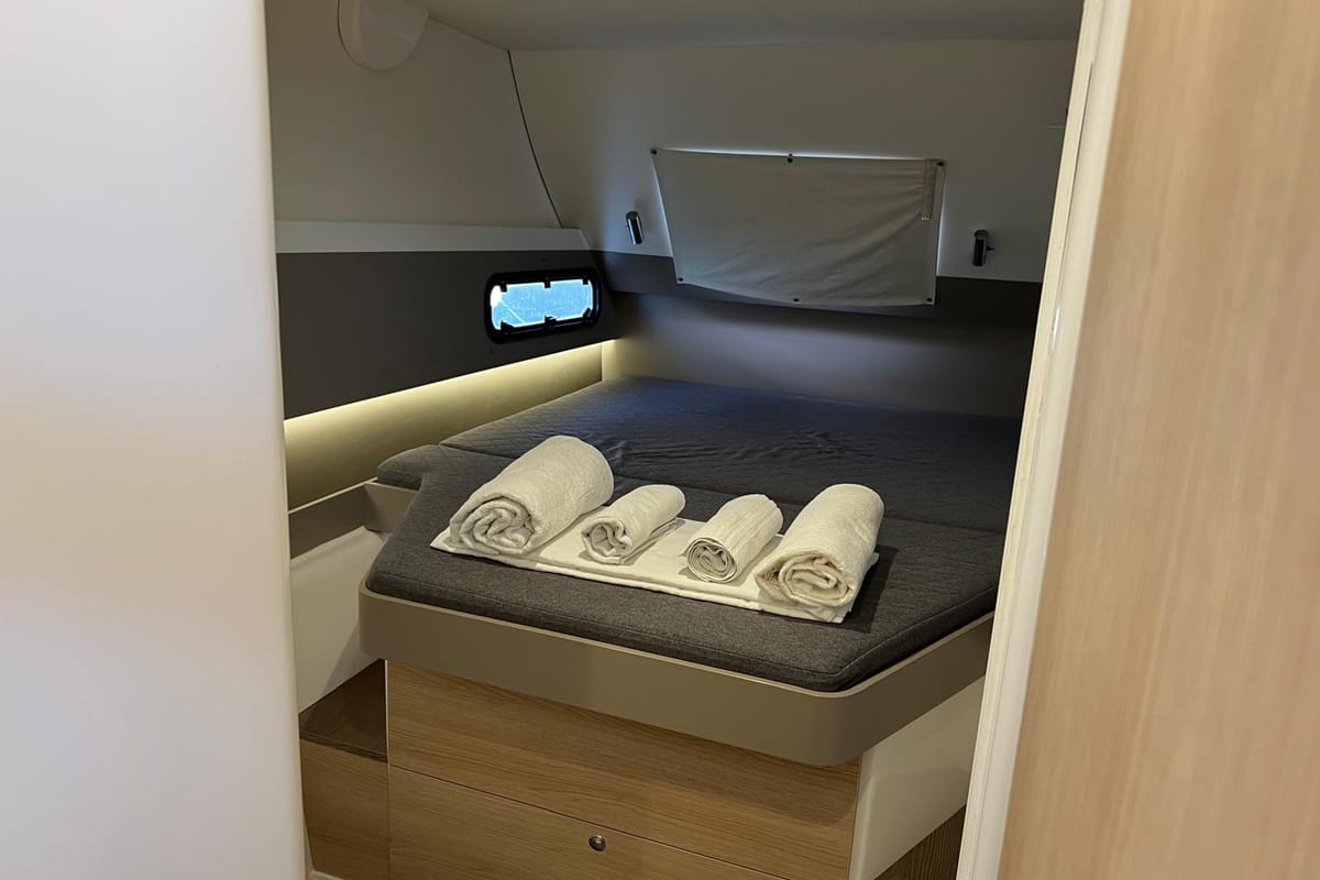 Cabin on Ginevra, a Bali 4.1 catamaran at Capo d'Orlando, Italy