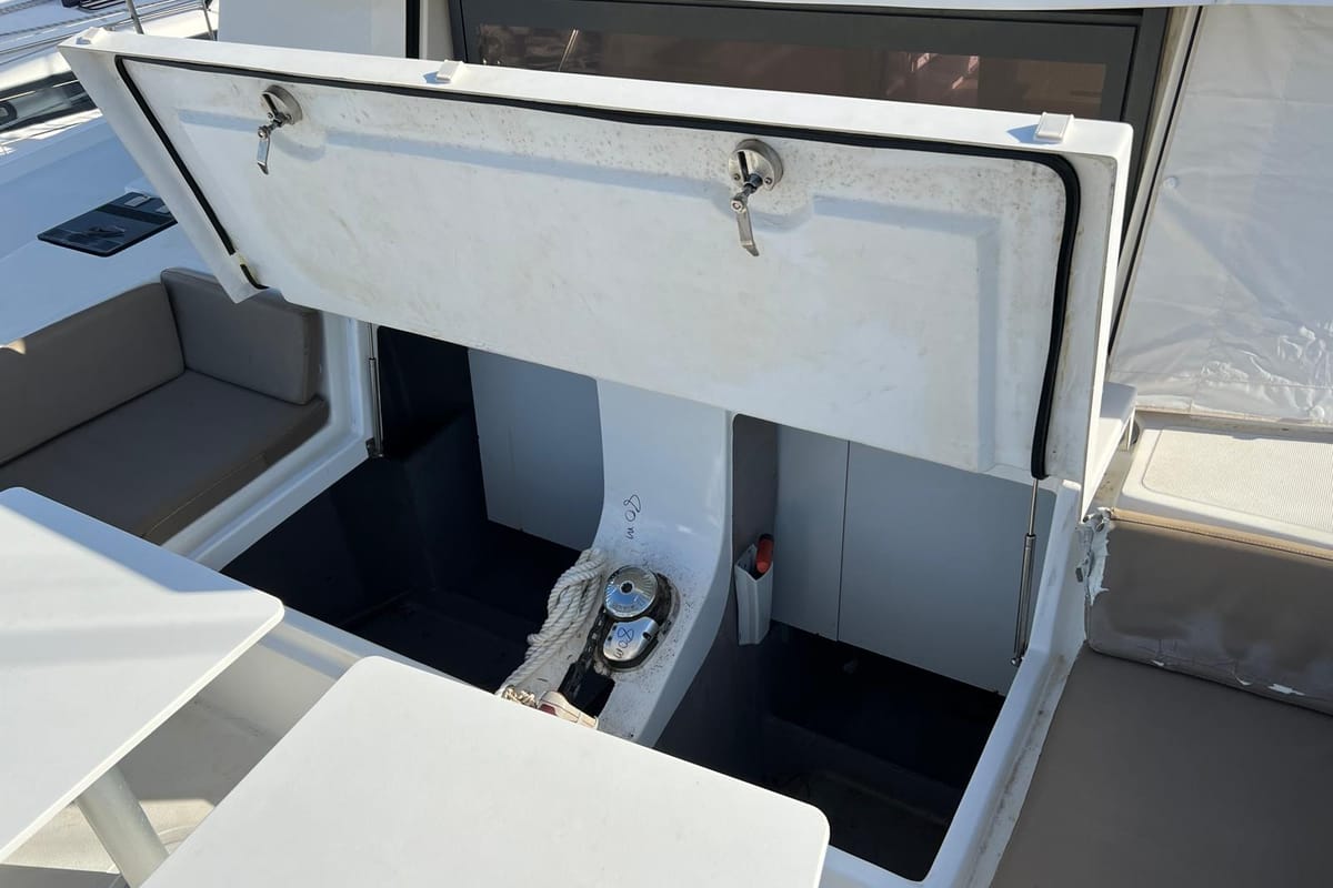 Deck of Ginevra, a Bali 4.1 catamaran at Capo d'Orlando, Italy