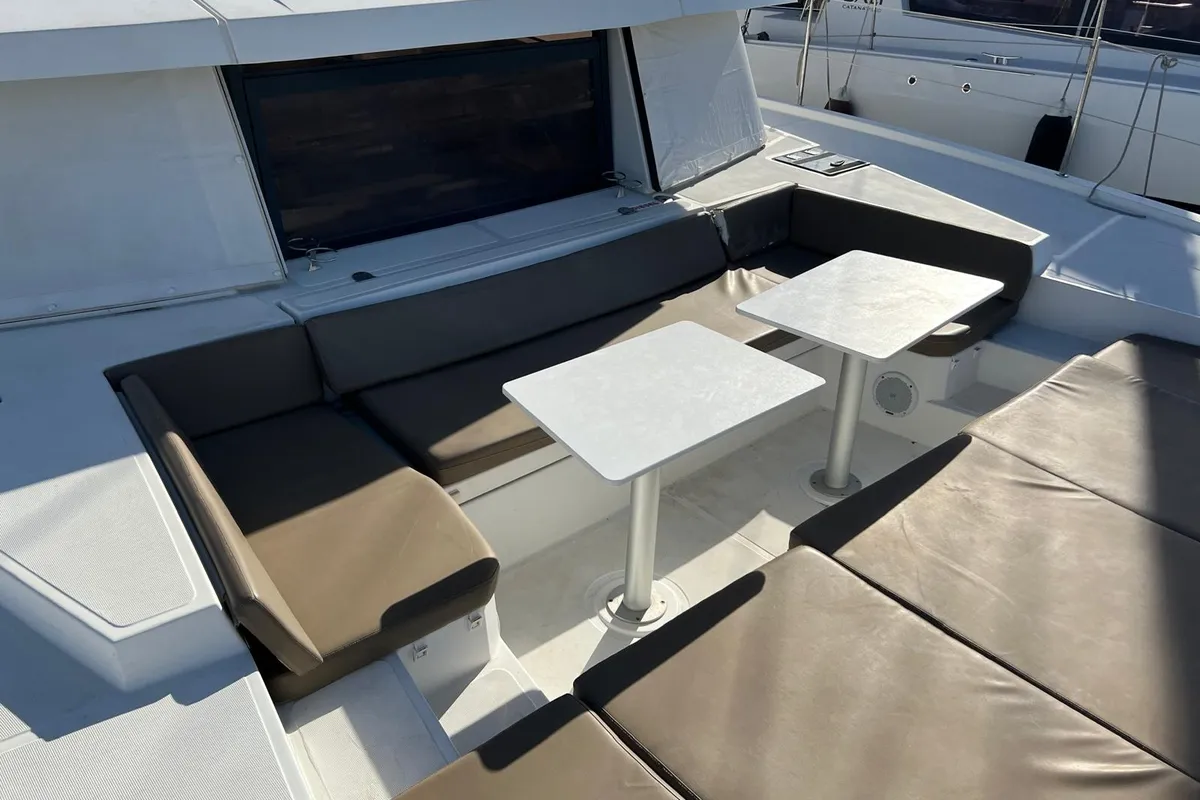 Deck of Ginevra, a Bali 4.1 catamaran at Capo d'Orlando, Italy