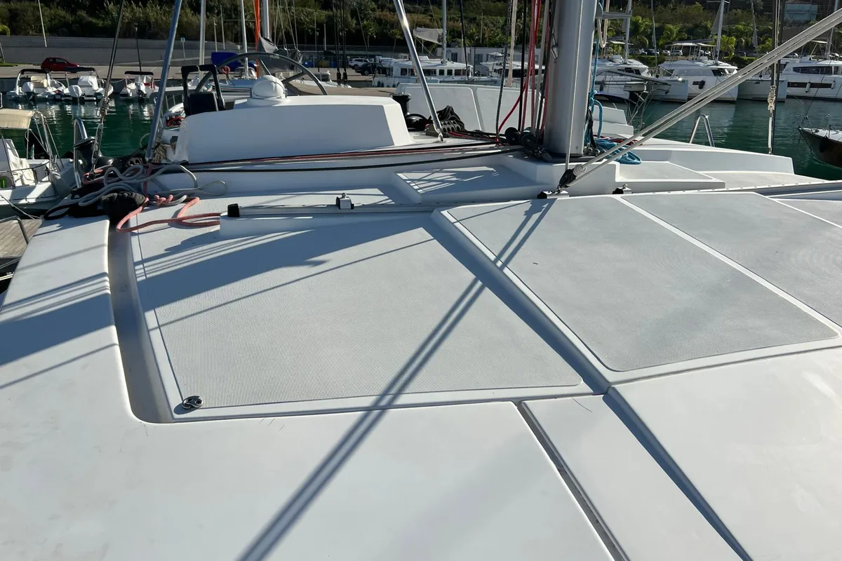 Deck of Ginevra, a Bali 4.1 catamaran at Capo d'Orlando, Italy