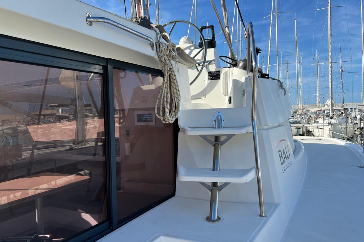 Deck of Ginevra, a Bali 4.1 catamaran at Capo d'Orlando, Italy