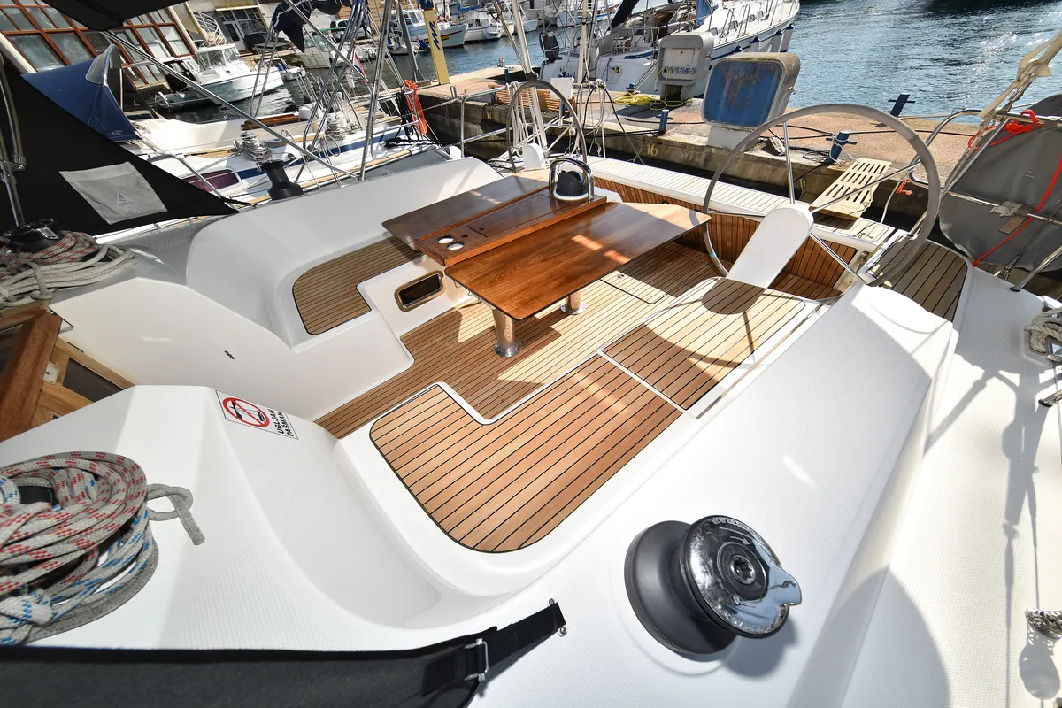 Deck of TICIJA, a Bavaria Cruiser 46 sailboat at Zadar, Croatia