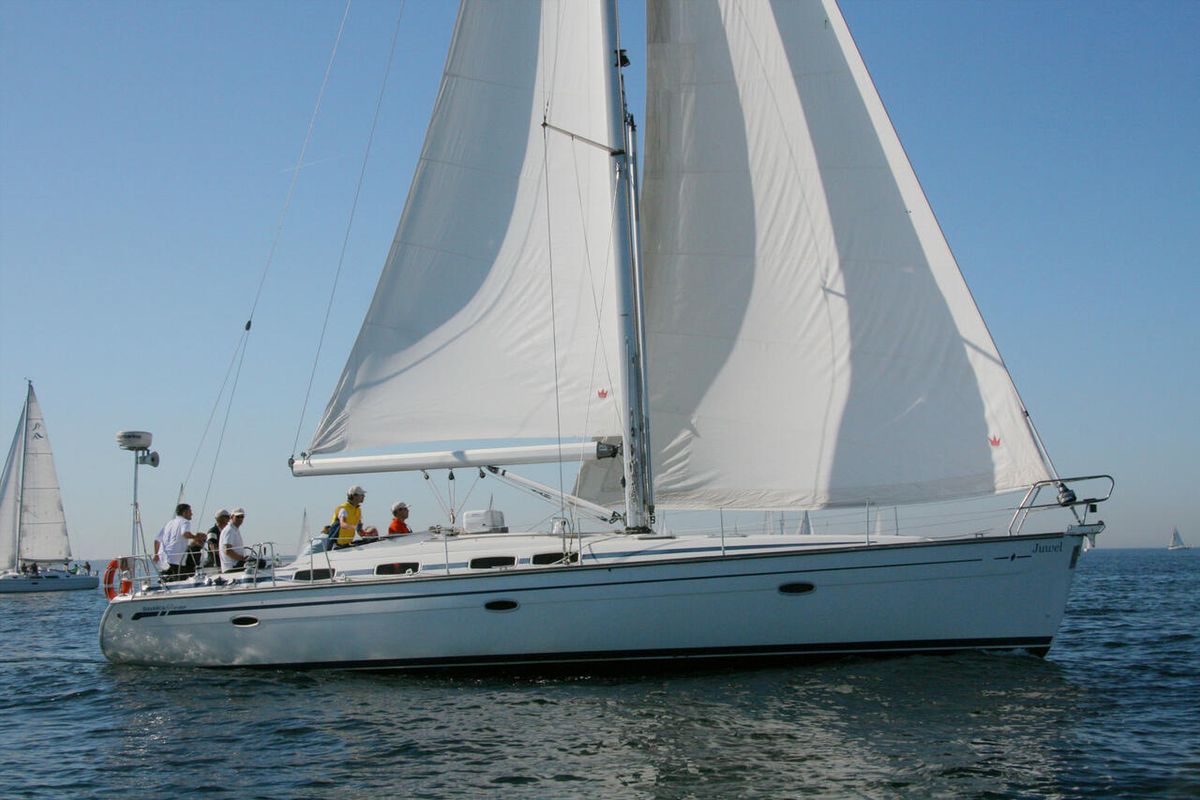 Exterior view of Caru, a Bavaria 46 Cruiser sailboat at Heiligenhafen, Germany
