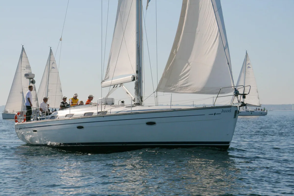 Exterior view of Caru, a Bavaria 46 Cruiser sailboat at Heiligenhafen, Germany