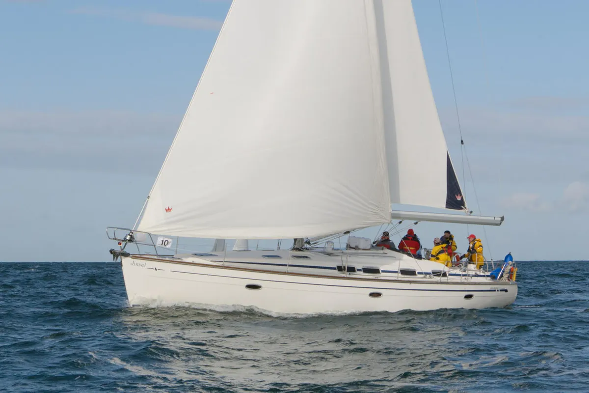 Exterior view of Caru, a Bavaria 46 Cruiser sailboat at Heiligenhafen, Germany