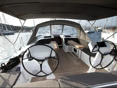 Cockpit of Medusa II, a Hanse Yachts Hanse 508 sailboat at Municipal Unit of Lefkada, Greece