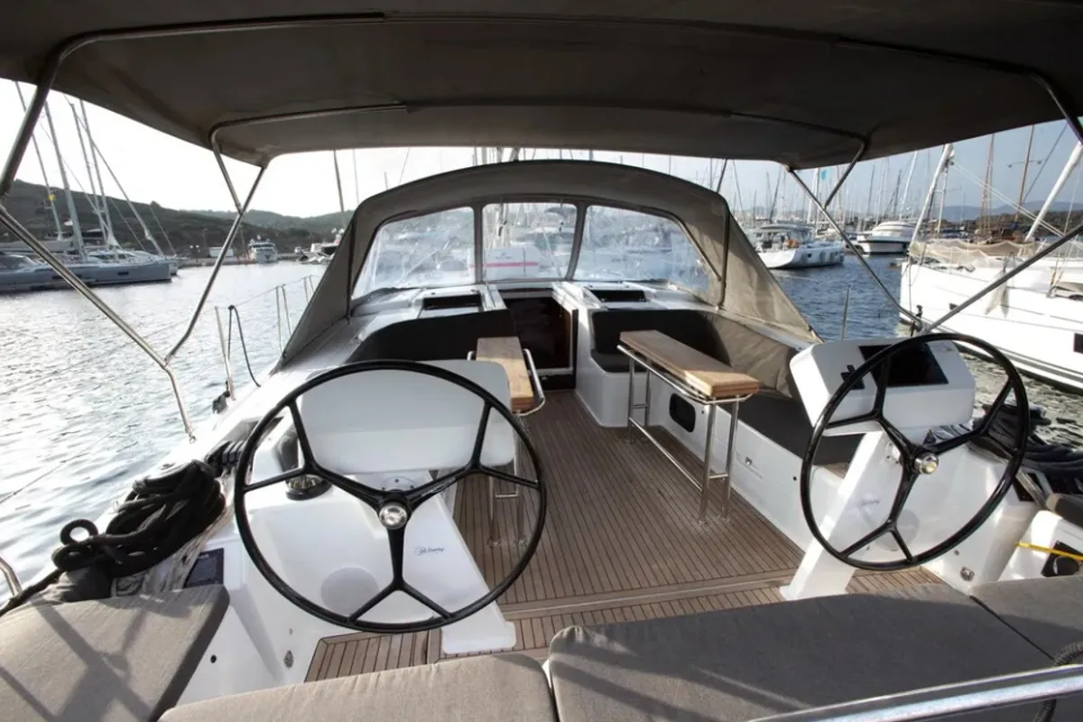 Cockpit of Medusa II, a Hanse Yachts Hanse 508 sailboat at Municipal Unit of Lefkada, Greece