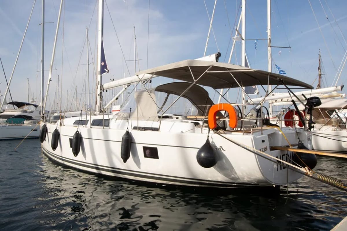 Exterior view of Medusa II, a Hanse Yachts Hanse 508 sailboat at Municipal Unit of Lefkada, Greece