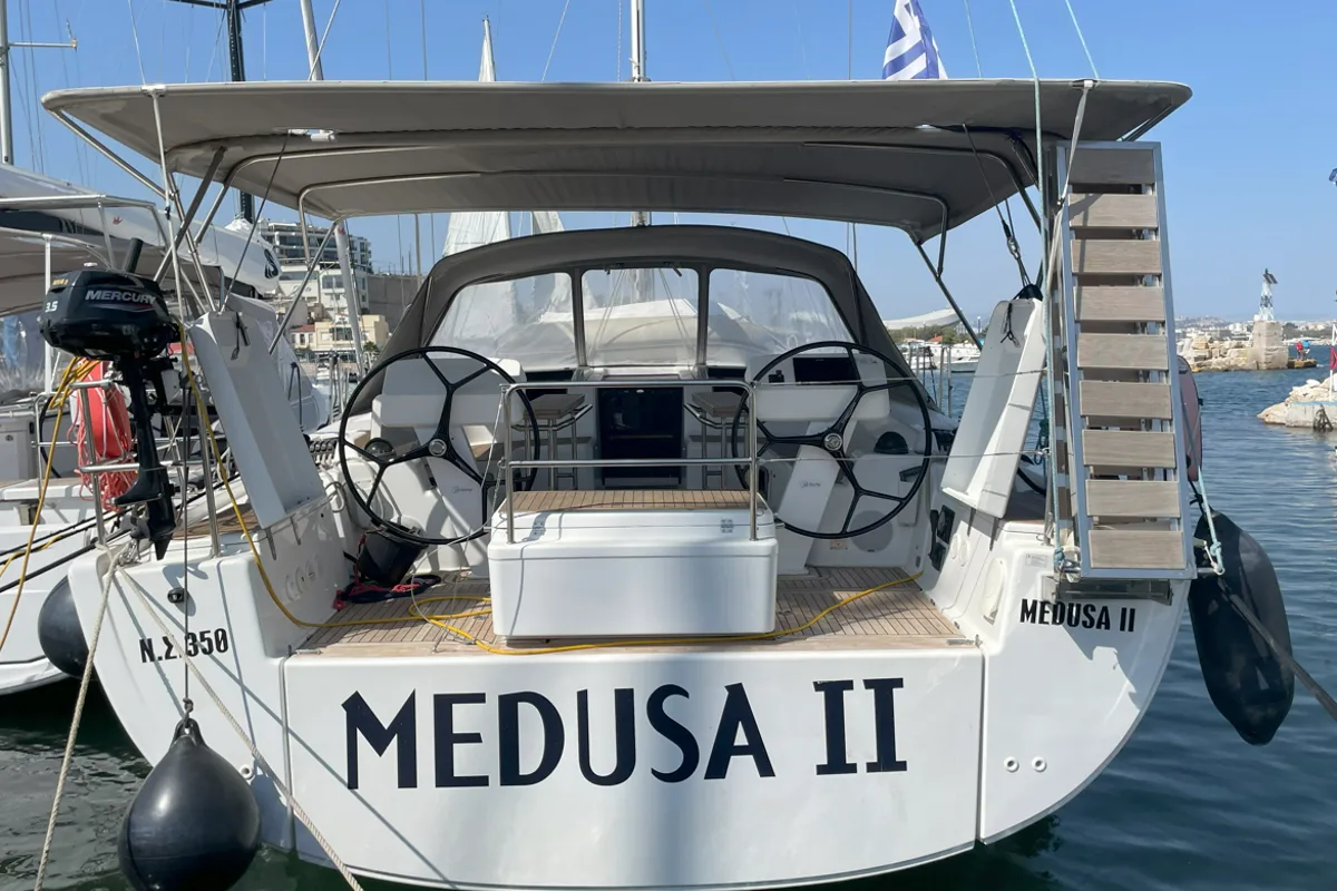 Exterior view of Medusa II, a Hanse Yachts Hanse 508 sailboat at Municipal Unit of Lefkada, Greece