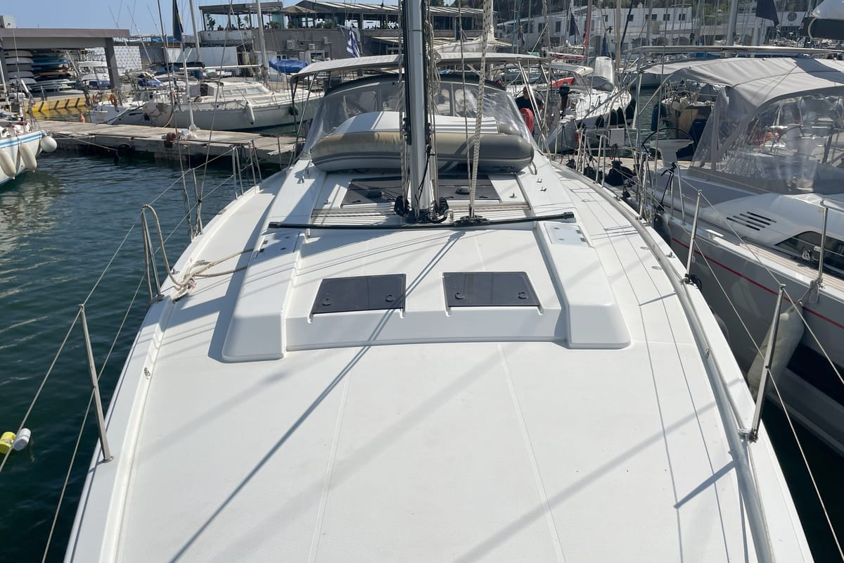 Deck of Medusa II, a Hanse Yachts Hanse 508 sailboat at Municipal Unit of Lefkada, Greece