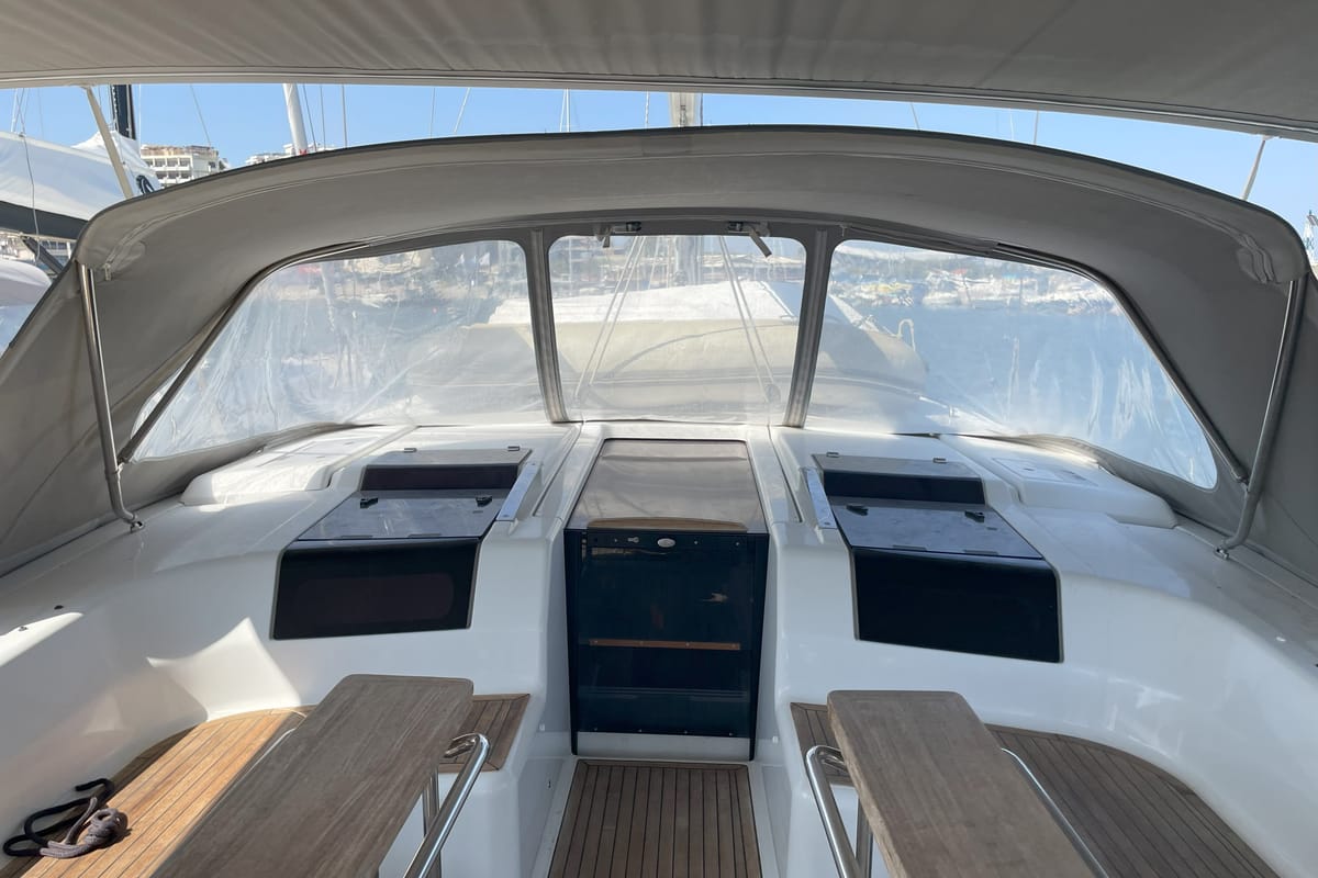 Deck of Medusa II, a Hanse Yachts Hanse 508 sailboat at Municipal Unit of Lefkada, Greece