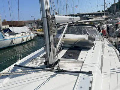 Deck of Medusa II, a Hanse Yachts Hanse 508 sailboat at Municipal Unit of Lefkada, Greece