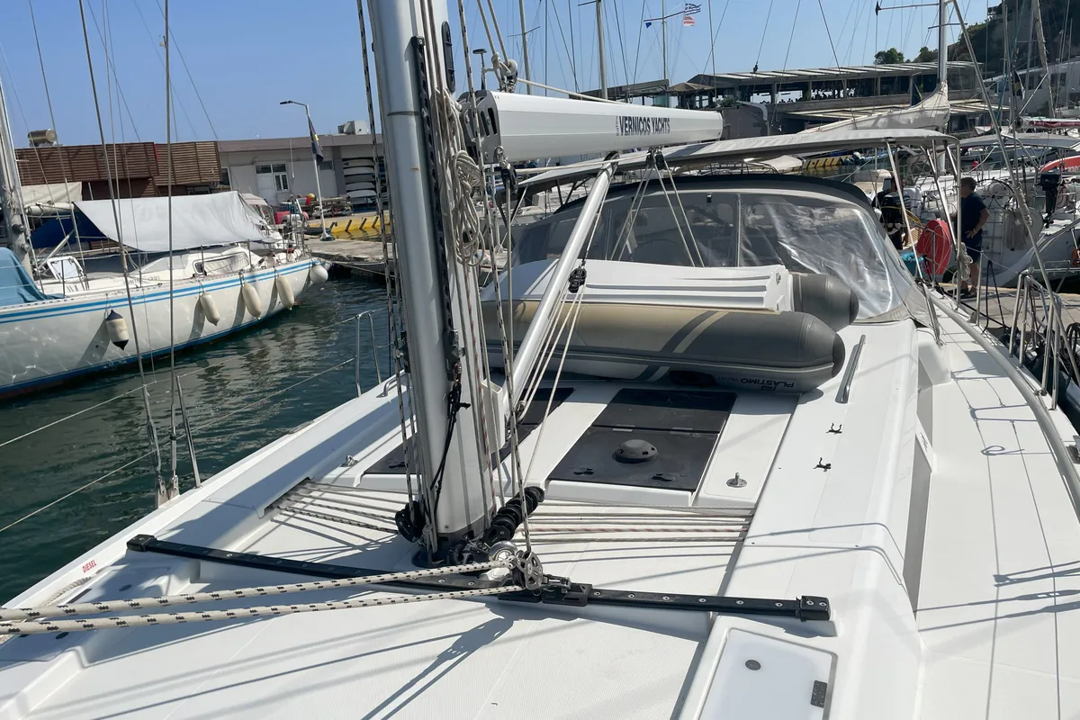 Deck of Medusa II, a Hanse Yachts Hanse 508 sailboat at Municipal Unit of Lefkada, Greece
