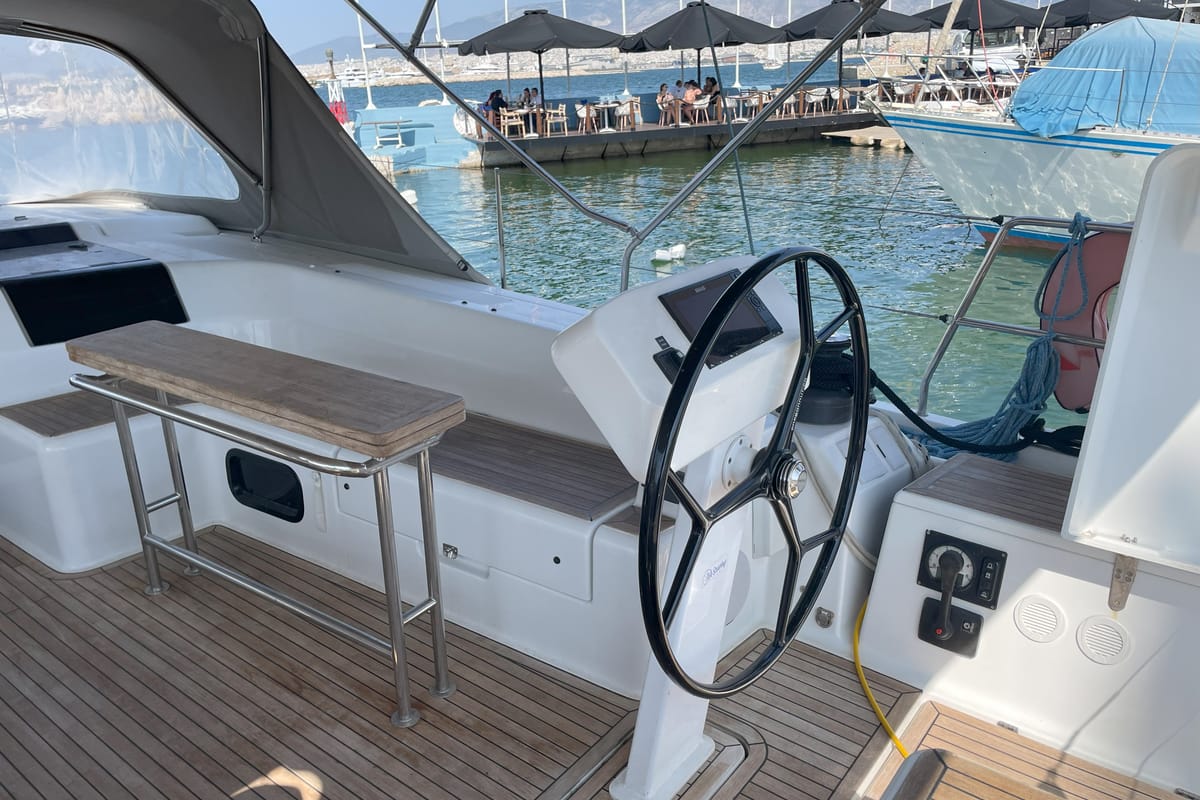 Cockpit of Medusa II, a Hanse Yachts Hanse 508 sailboat at Municipal Unit of Lefkada, Greece