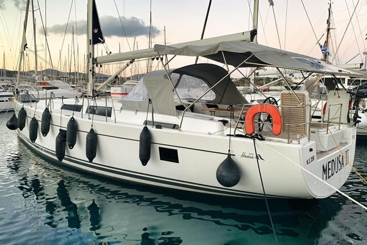 Exterior view of Medusa II, a Hanse Yachts Hanse 508 sailboat at Municipal Unit of Lefkada, Greece