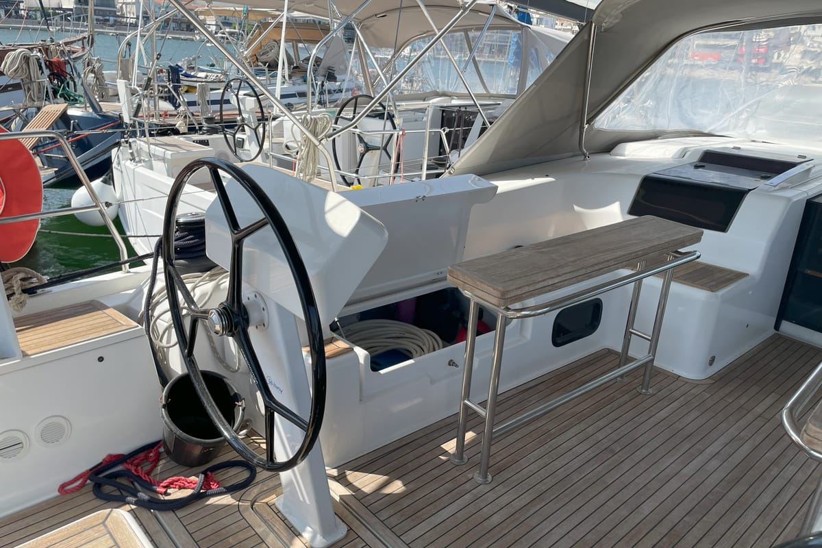 Cockpit of Medusa II, a Hanse Yachts Hanse 508 sailboat at Municipal Unit of Lefkada, Greece