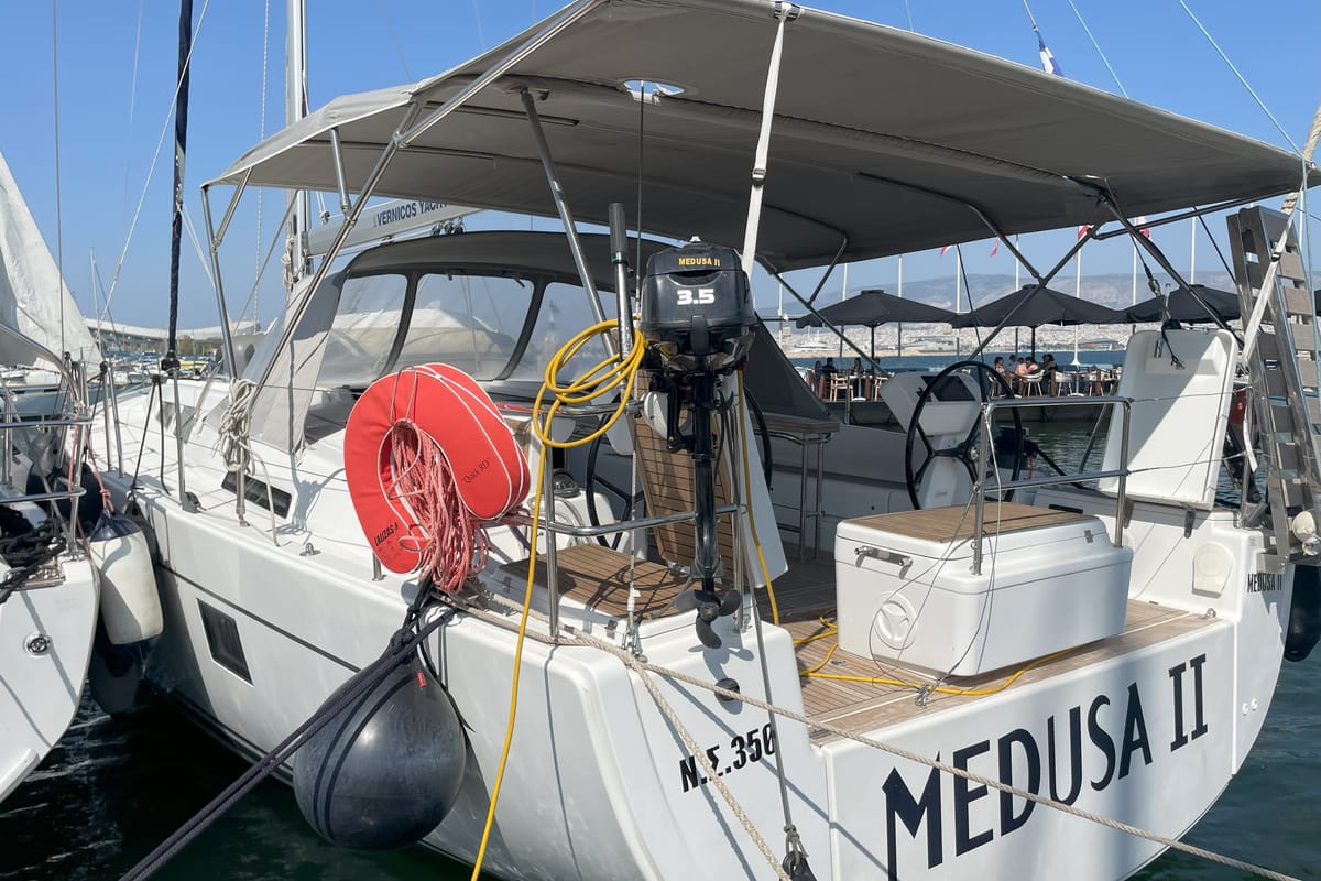 Exterior view of Medusa II, a Hanse Yachts Hanse 508 sailboat at Municipal Unit of Lefkada, Greece