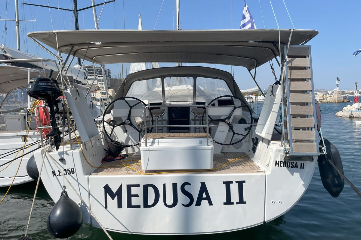 Exterior view of Medusa II, a Hanse Yachts Hanse 508 sailboat at Municipal Unit of Lefkada, Greece