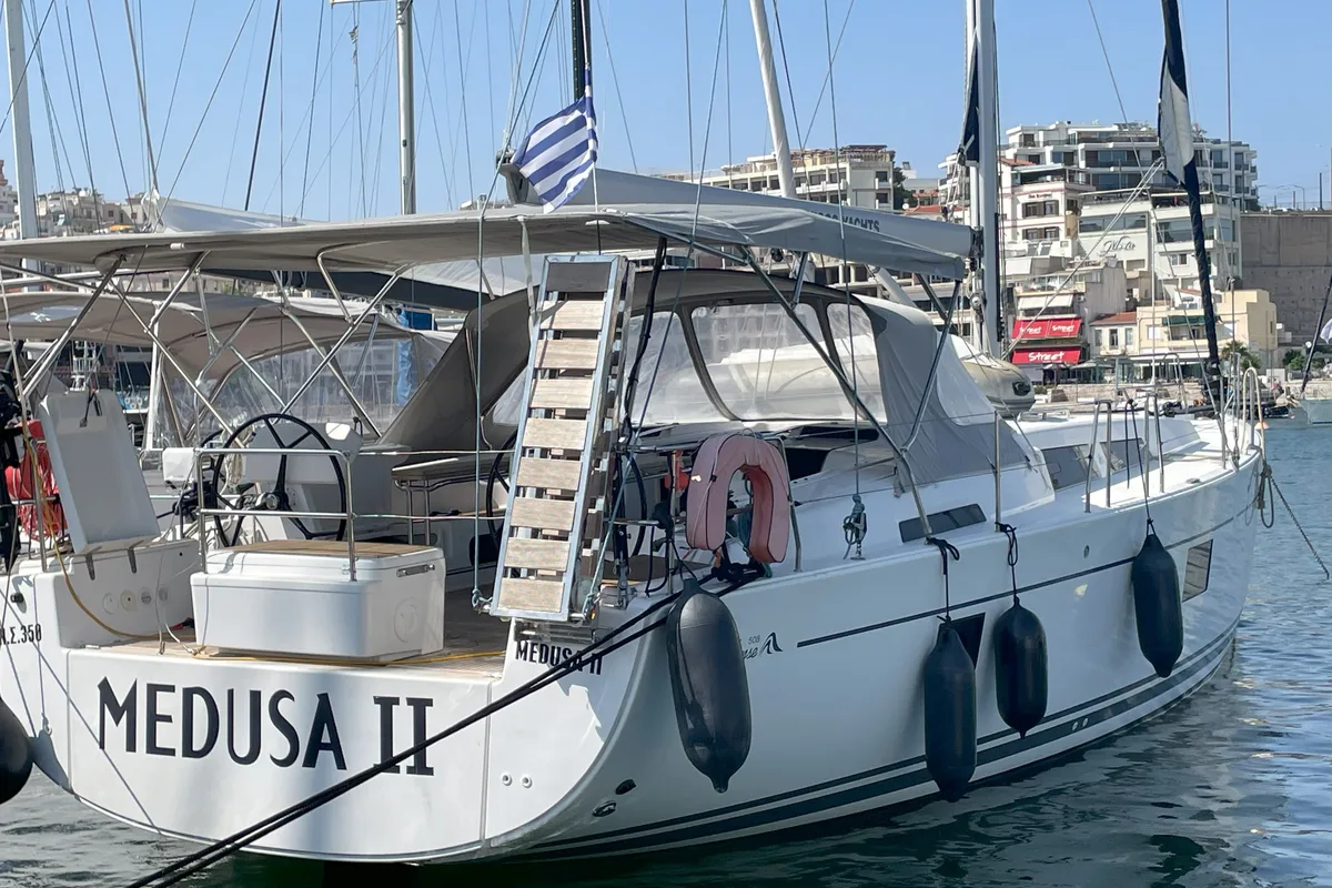 Exterior view of Medusa II, a Hanse Yachts Hanse 508 sailboat at Municipal Unit of Lefkada, Greece