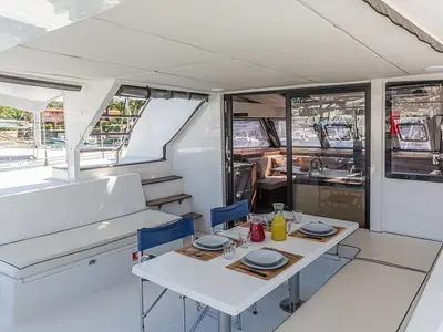 Salon of Harmony Planet, a Nautitech 46 Fly catamaran at Tonnarella, Italy