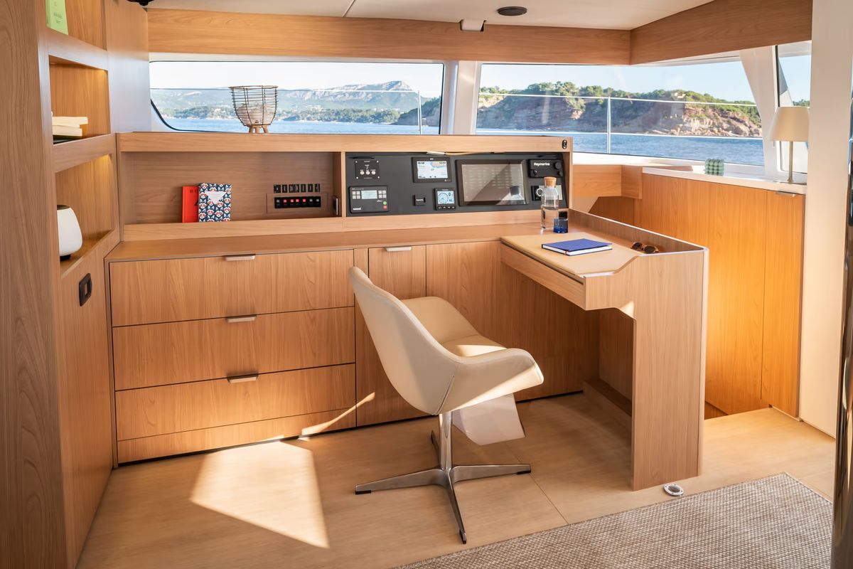 Salon of Corto Maltese II, a Bali 5.8 catamaran at Olbia, Italy