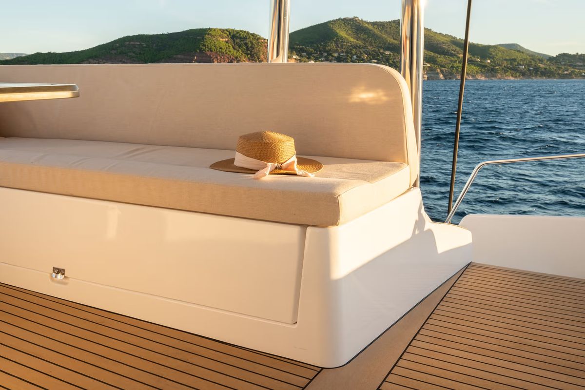 Deck of Corto Maltese II, a Bali 5.8 catamaran at Olbia, Italy