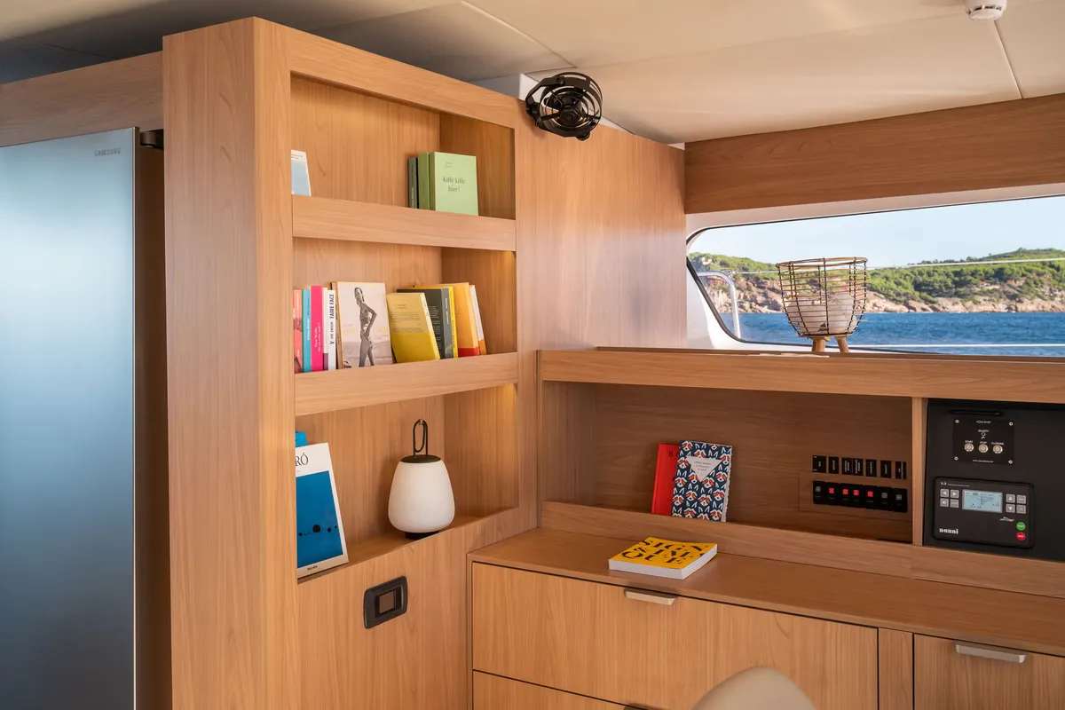 Salon of Corto Maltese II, a Bali 5.8 catamaran at Olbia, Italy