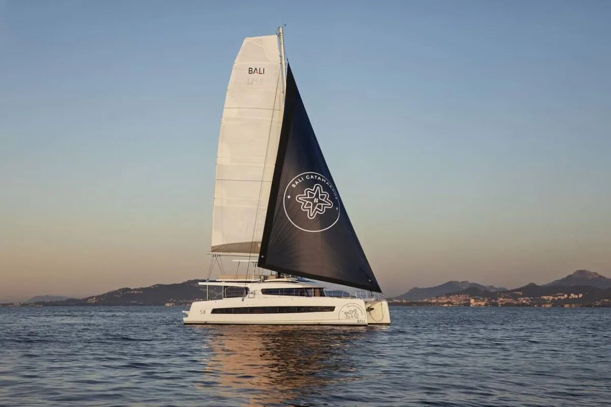 Exterior view of Corto Maltese II, a Bali 5.8 catamaran at Olbia, Italy
