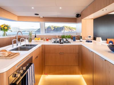 Galley of Corto Maltese II, a Bali 5.8 catamaran at Olbia, Italy