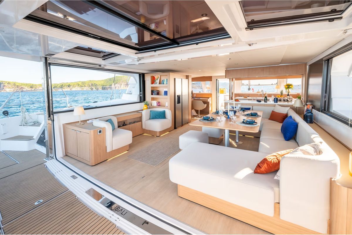 Salon of Corto Maltese II, a Bali 5.8 catamaran at Olbia, Italy