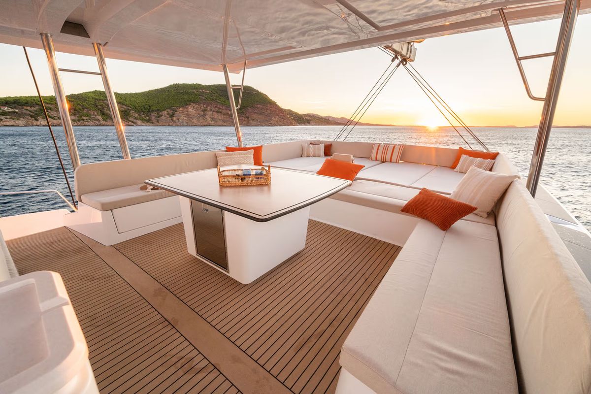 Deck of Corto Maltese II, a Bali 5.8 catamaran at Olbia, Italy