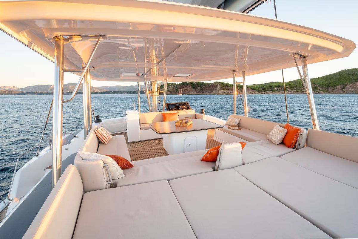 Deck of Corto Maltese II, a Bali 5.8 catamaran at Olbia, Italy