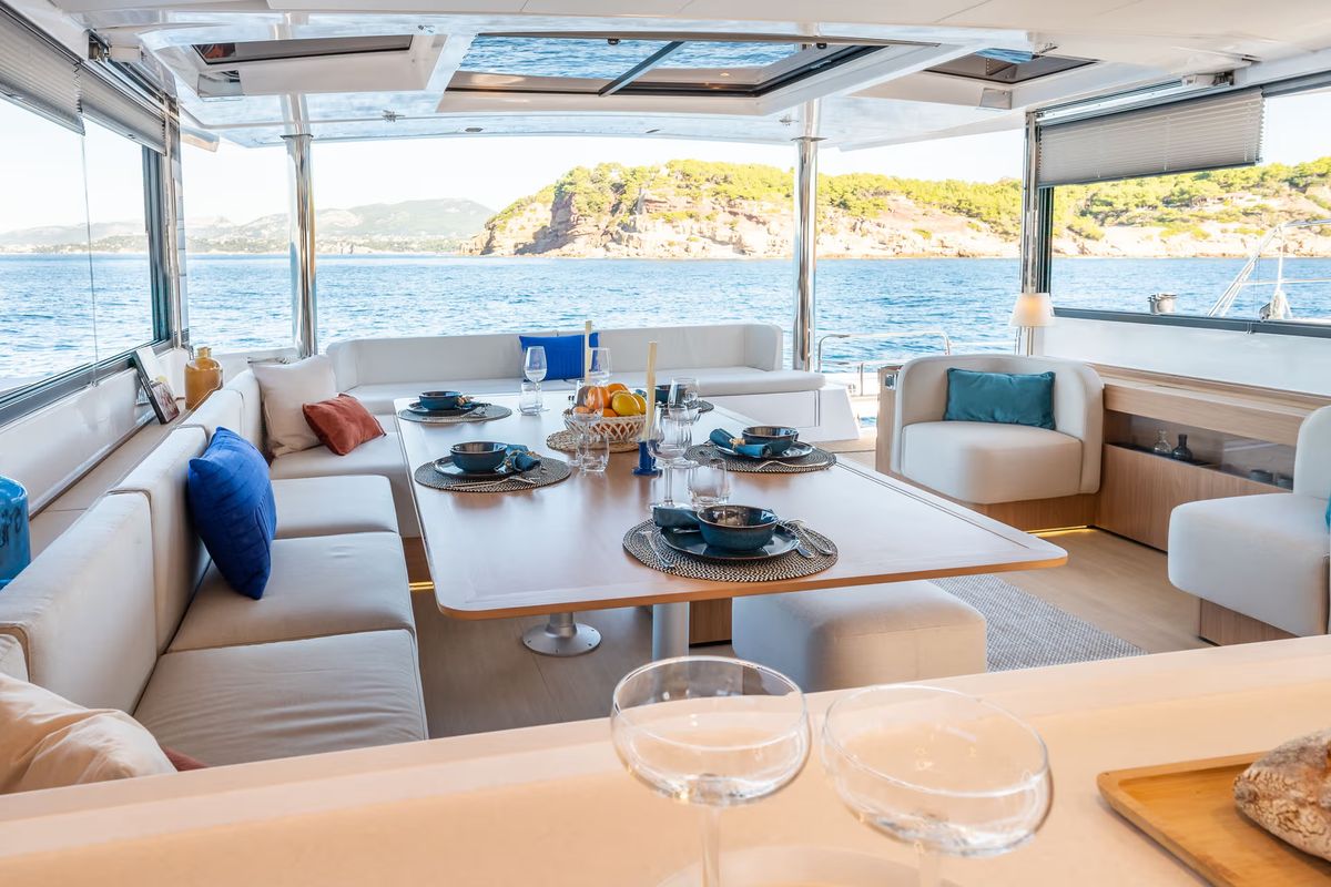 Salon of Corto Maltese II, a Bali 5.8 catamaran at Olbia, Italy