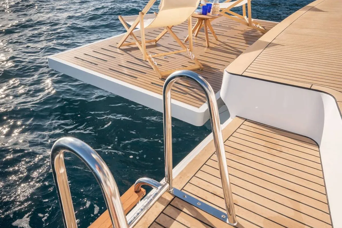 Deck of Corto Maltese II, a Bali 5.8 catamaran at Olbia, Italy