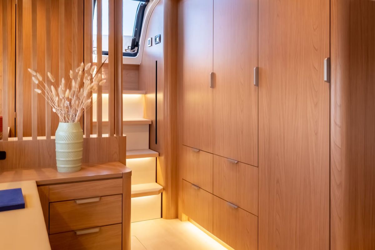 Cabin on Corto Maltese II, a Bali 5.8 catamaran at Olbia, Italy