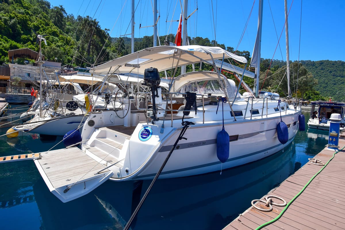 Exterior view of MINA, a Bavaria 50 Cruiser sailboat at Marmaris, Turkey