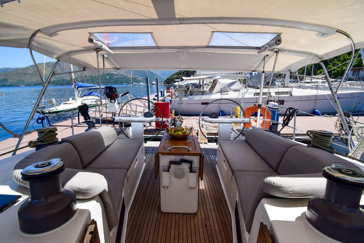 Deck of MINA, a Bavaria 50 Cruiser sailboat at Marmaris, Turkey