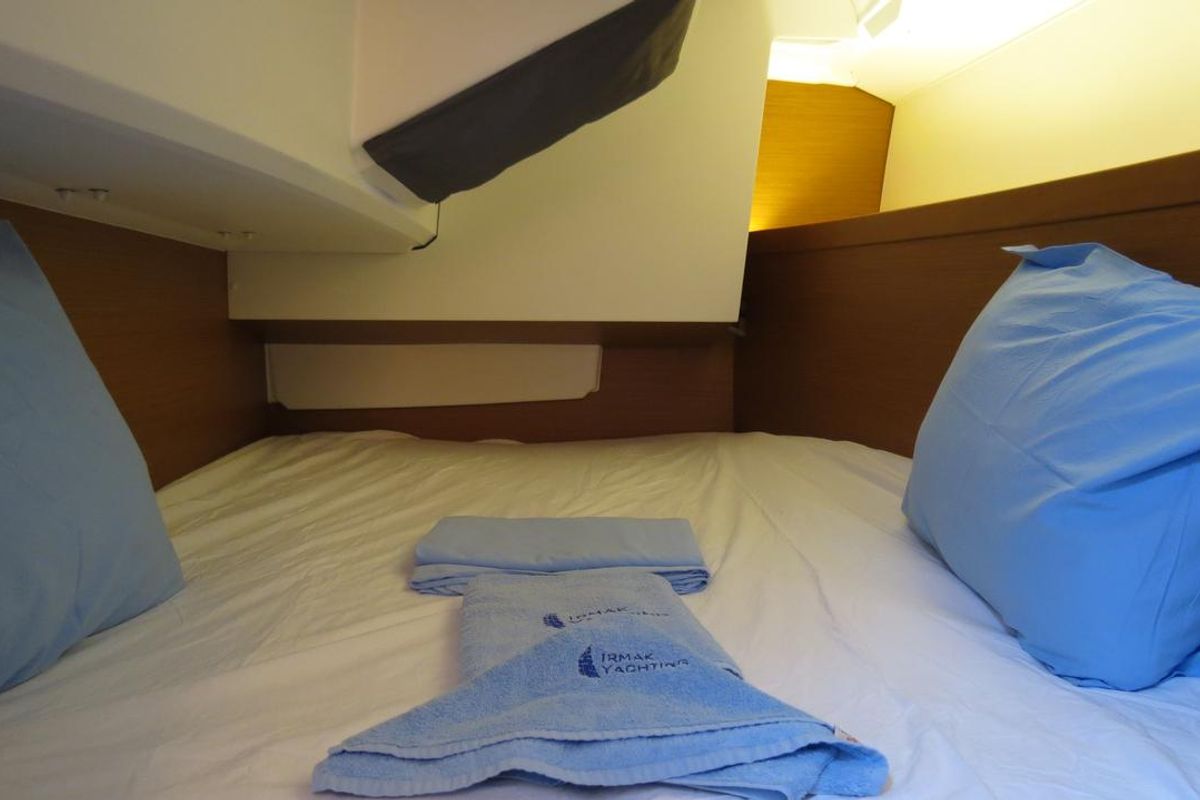 Cabin on Sarita, a Jeanneau Sun Odyssey 349 sailboat at Fethiye, Turkey