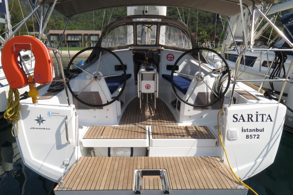 Cockpit of Sarita, a Jeanneau Sun Odyssey 349 sailboat at Fethiye, Turkey