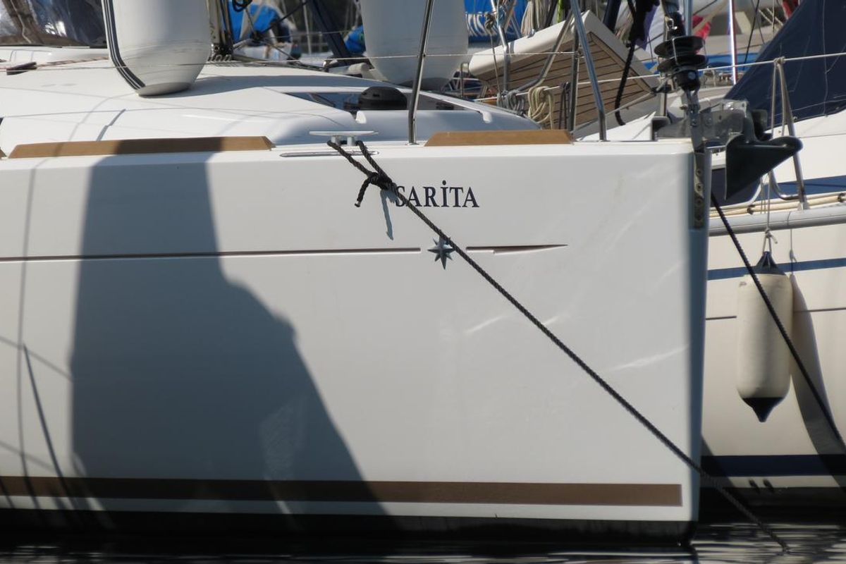 Exterior view of Sarita, a Jeanneau Sun Odyssey 349 sailboat at Fethiye, Turkey