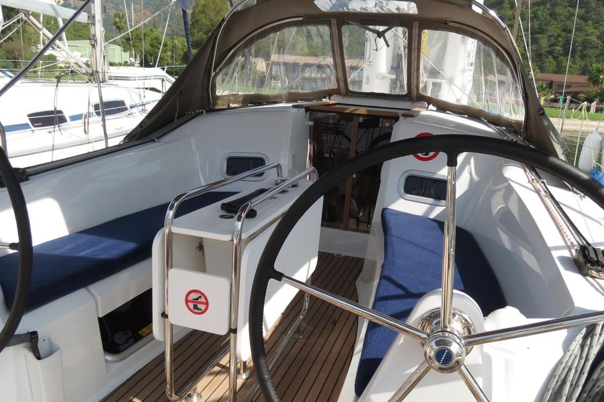 Cockpit of Sarita, a Jeanneau Sun Odyssey 349 sailboat at Fethiye, Turkey