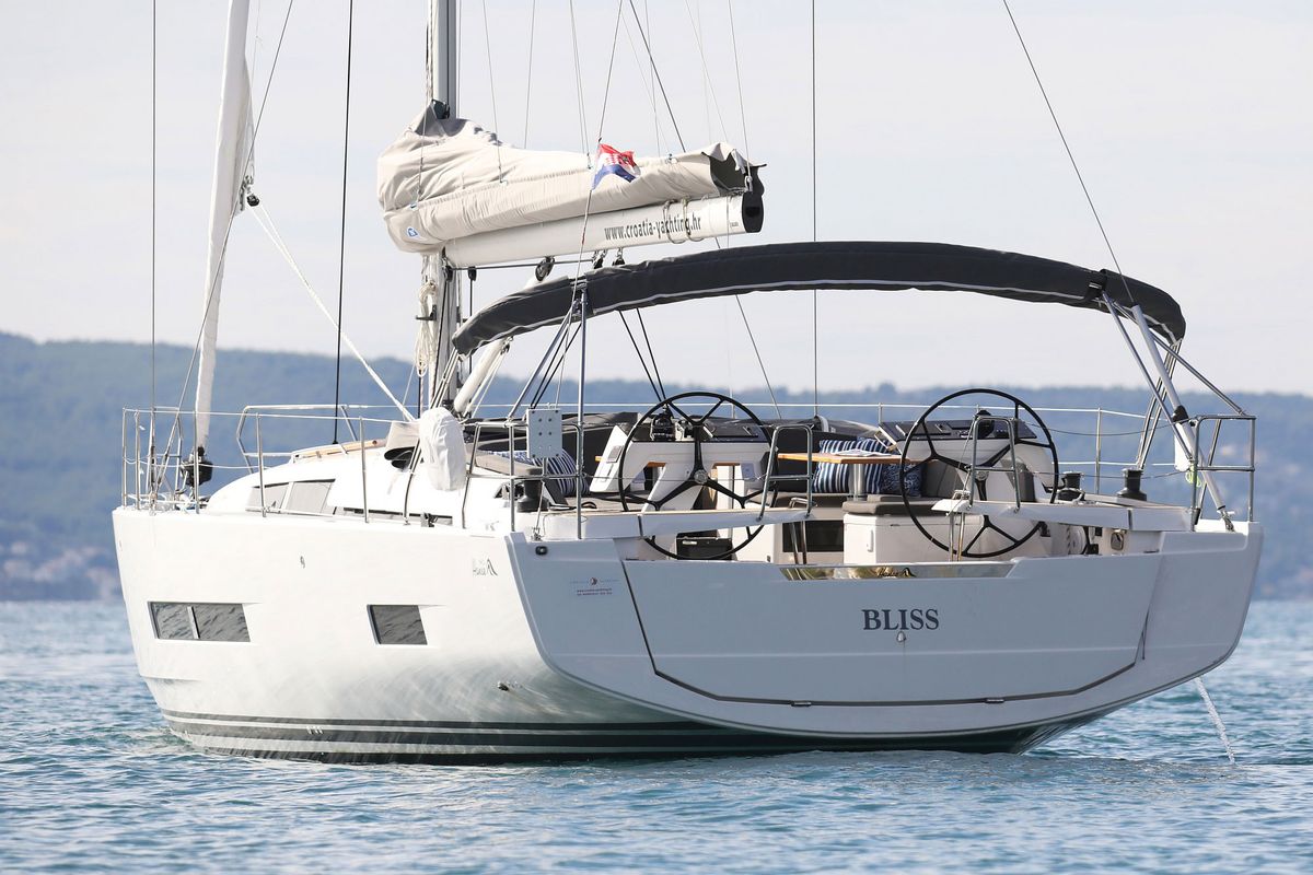 Exterior view of Bliss, a Hanse Yachts Hanse 460 sailboat at Grad Kaštela, Croatia