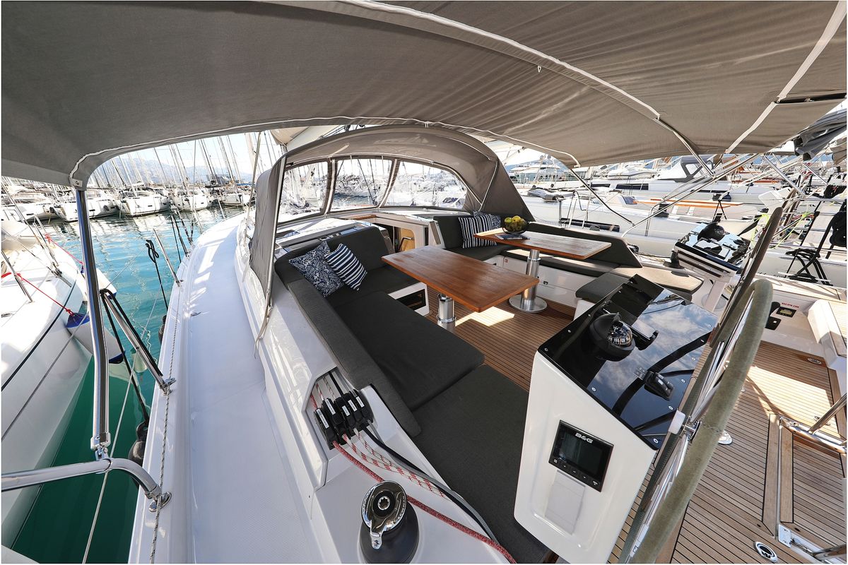 Cockpit of Bliss, a Hanse Yachts Hanse 460 sailboat at Grad Kaštela, Croatia