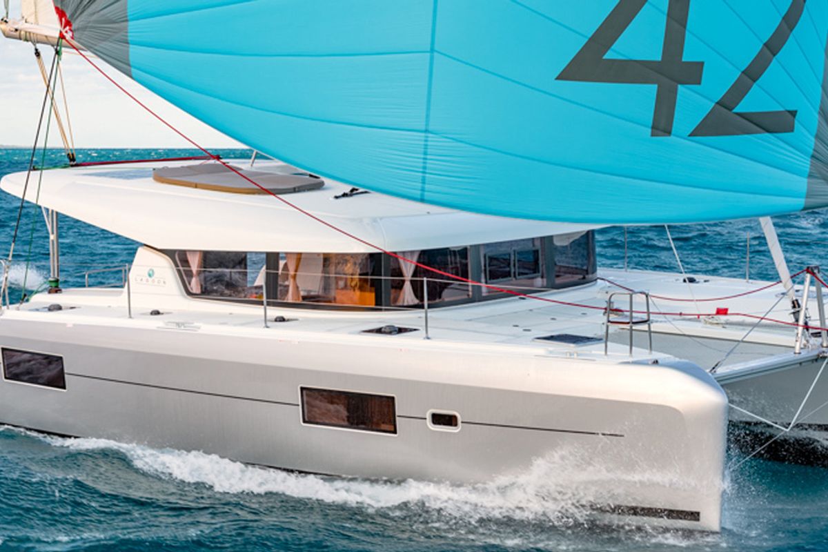 Exterior view of Alas, a Lagoon 42 catamaran at Parikia, Greece