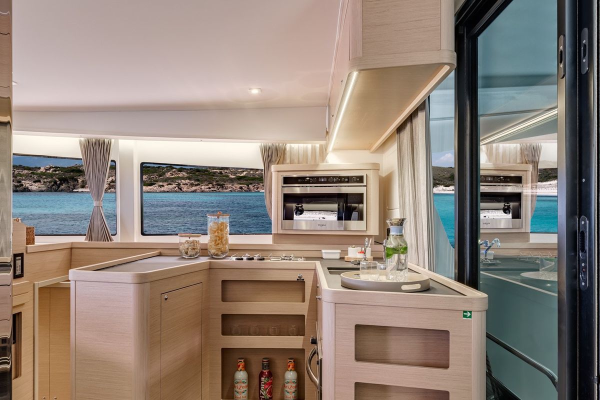Galley of Alas, a Lagoon 42 catamaran at Parikia, Greece